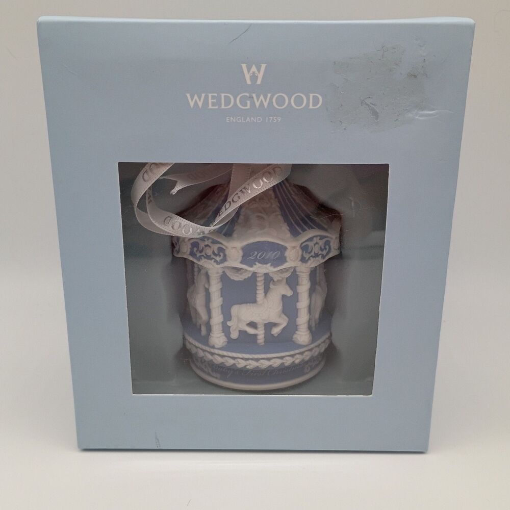 Wedgwood Baby's First Christmas 2010 Carousel Blue Holiday Ornament Jasperware